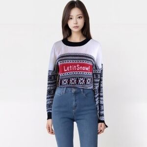 Vintage‎ Let it Snow White Black and White Drop Shoulder Sweater